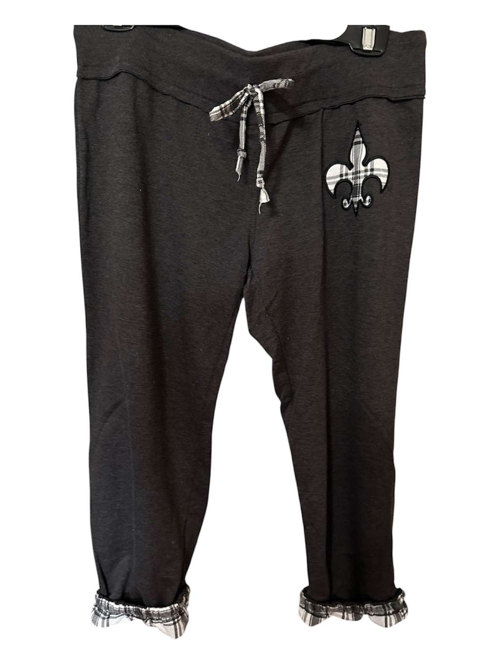 Miss Chievous Black Cropped Joggers with Plaid Accents & Fleur-de-Lis-SZ M